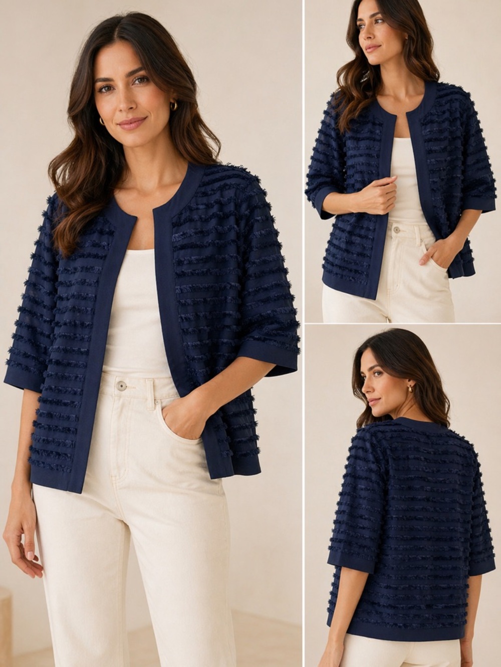 Susan Graver Navy Fringe Open Front Jacket